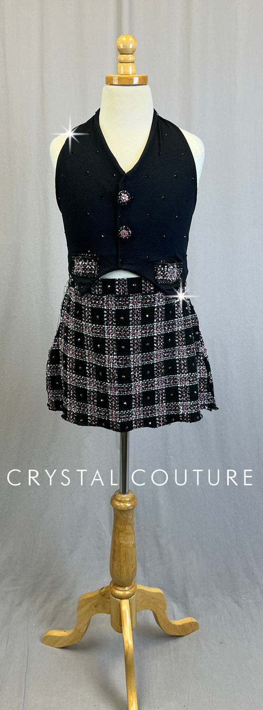 Black and Pink Plaid Skirt and Vest Set - Rhinestones