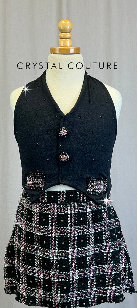 Black and Pink Plaid Skirt and Vest Set - Rhinestones