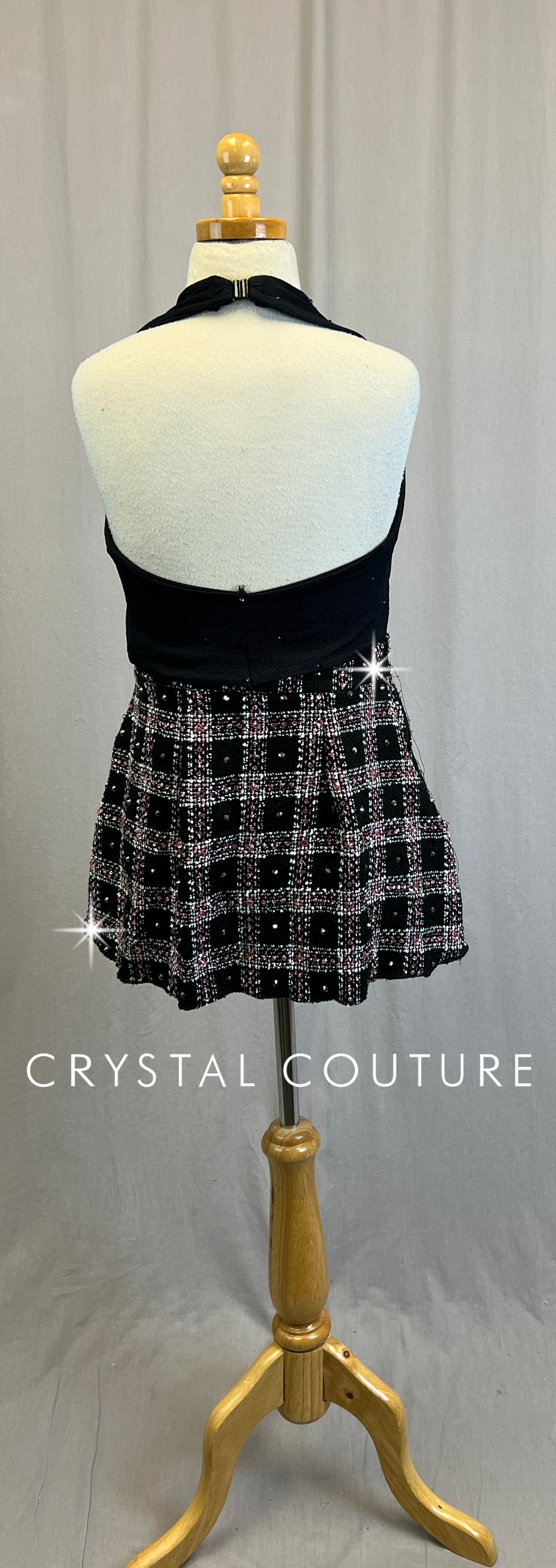 Black and Pink Plaid Skirt and Vest Set - Rhinestones