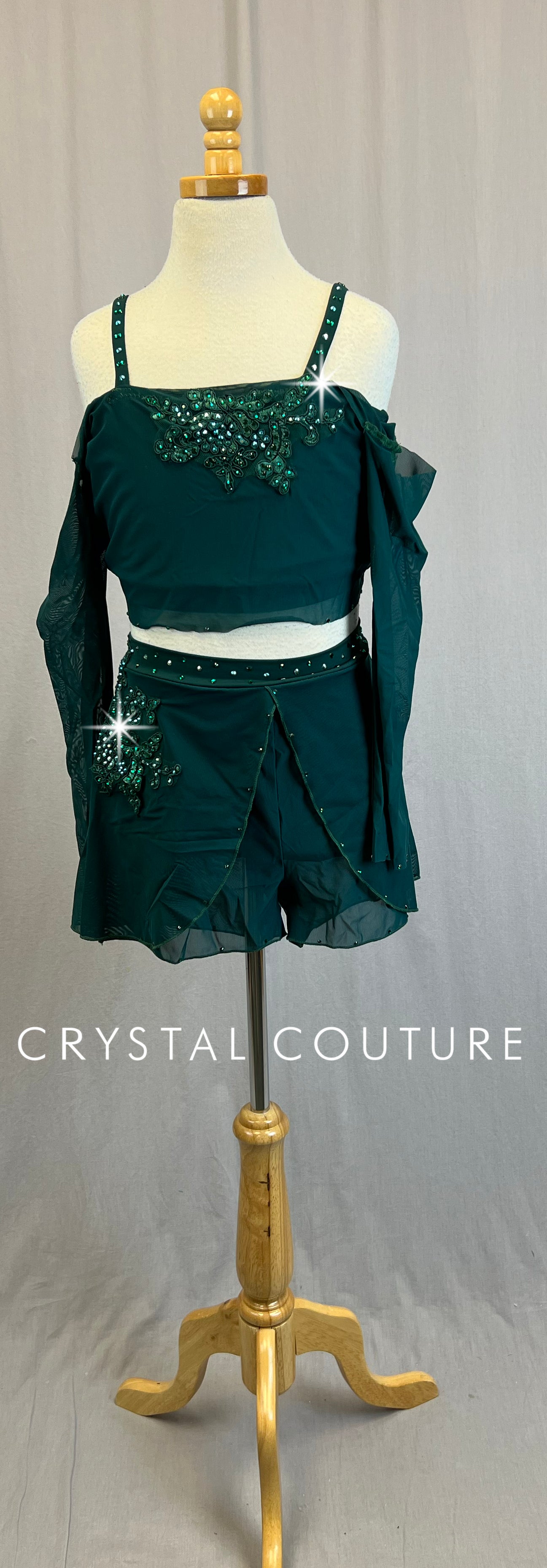 *Custom* Emerald Green Mesh Long Sleeve and Short Set - Rhinestones