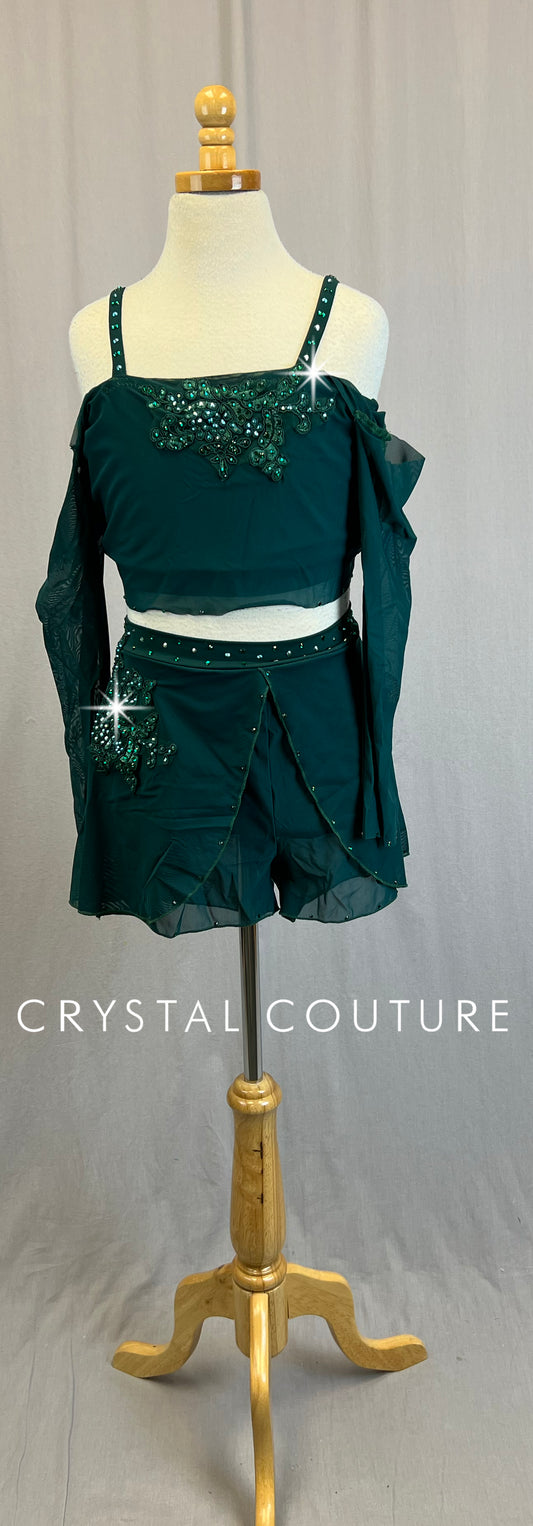*Custom* Emerald Green Mesh Long Sleeve and Short Set - Rhinestones