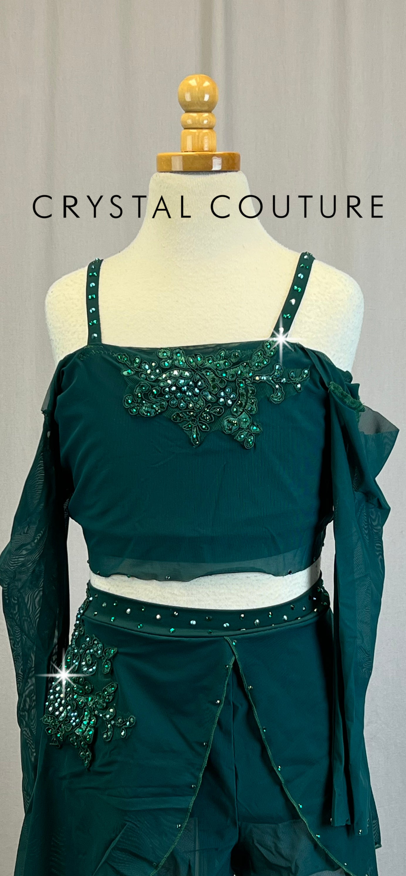 *Custom* Emerald Green Mesh Long Sleeve and Short Set - Rhinestones