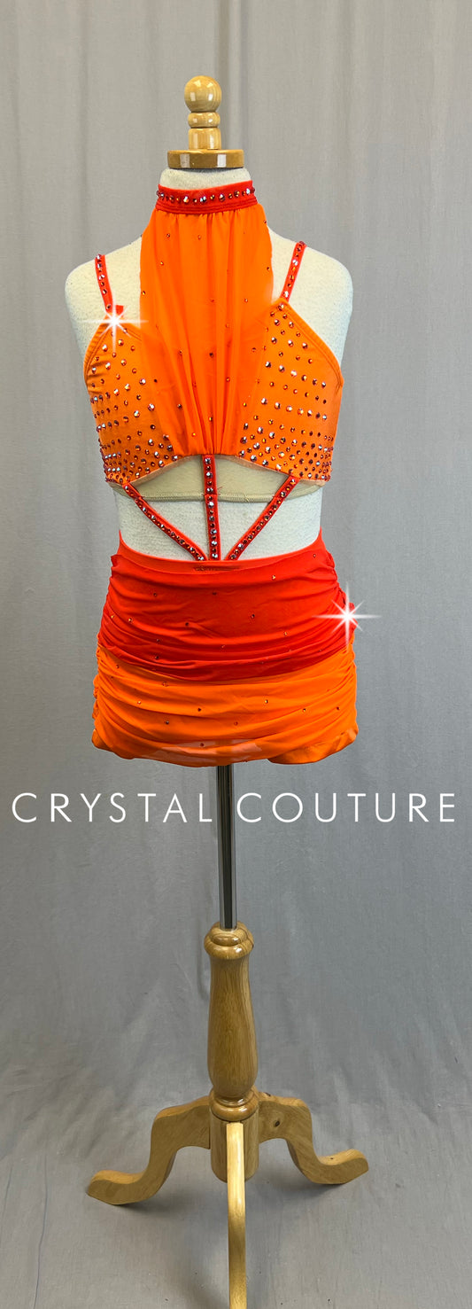 Custom Sunset Orange Ombre Biketard with Mesh Accents - Rhinestone