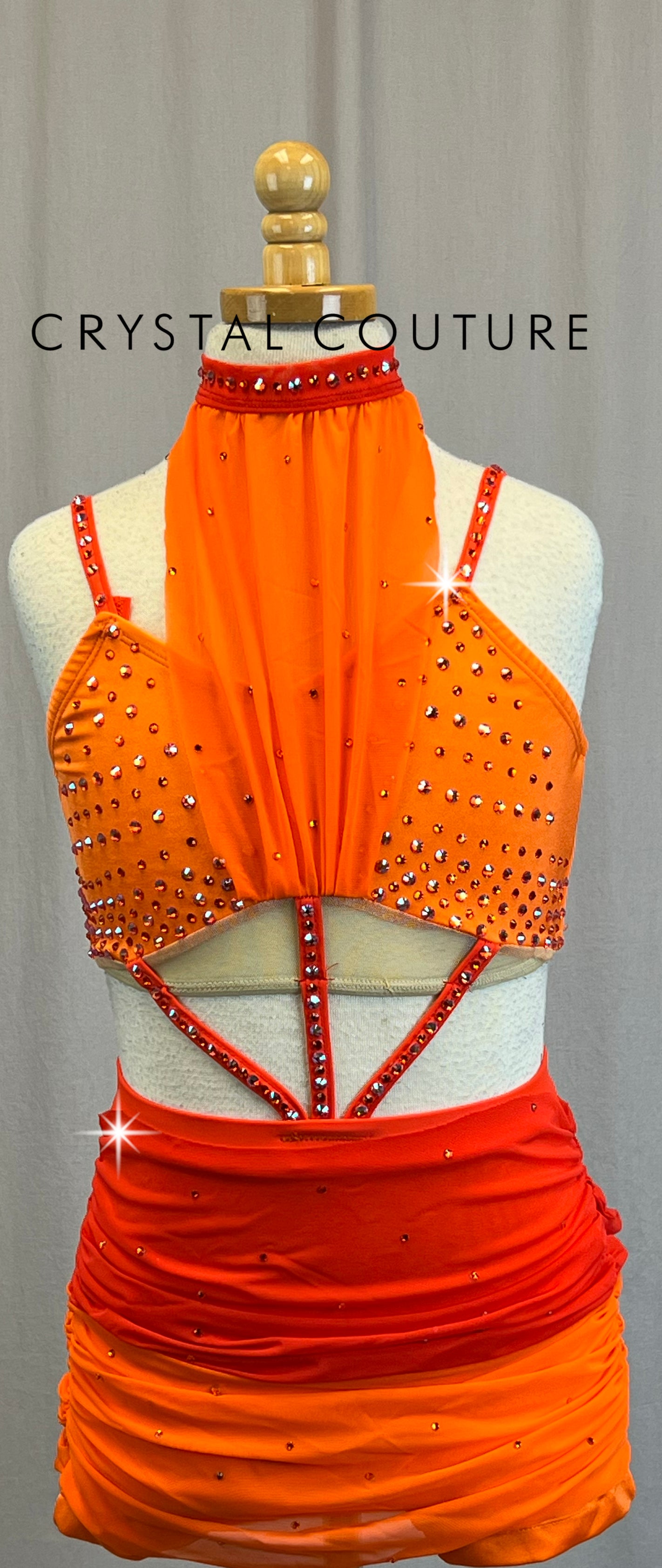Custom Sunset Orange Ombre Biketard with Mesh Accents - Rhinestone