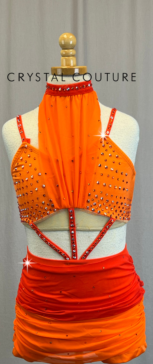 Custom Sunset Orange Ombre Biketard with Mesh Accents - Rhinestone