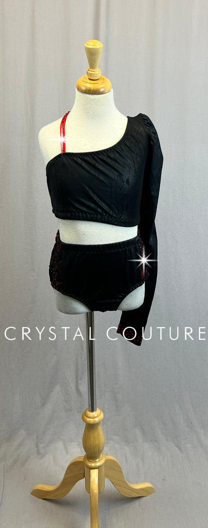 *Custom* Black Snakeskin with Red Accents Lycra Crop Top and Brief Set - Rhinestones