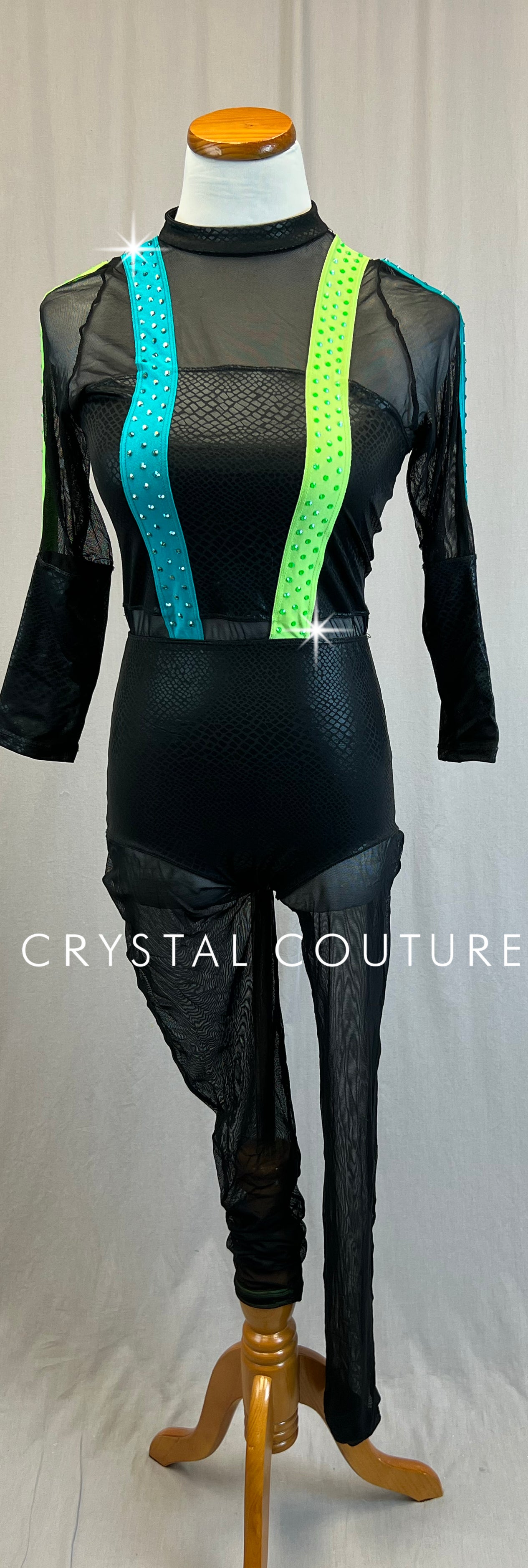 Black Snakeskin and Mesh Long Sleeve Unitard with Neon Accents -Rhinestones