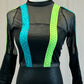 Black Snakeskin and Mesh Long Sleeve Unitard with Neon Accents -Rhinestones
