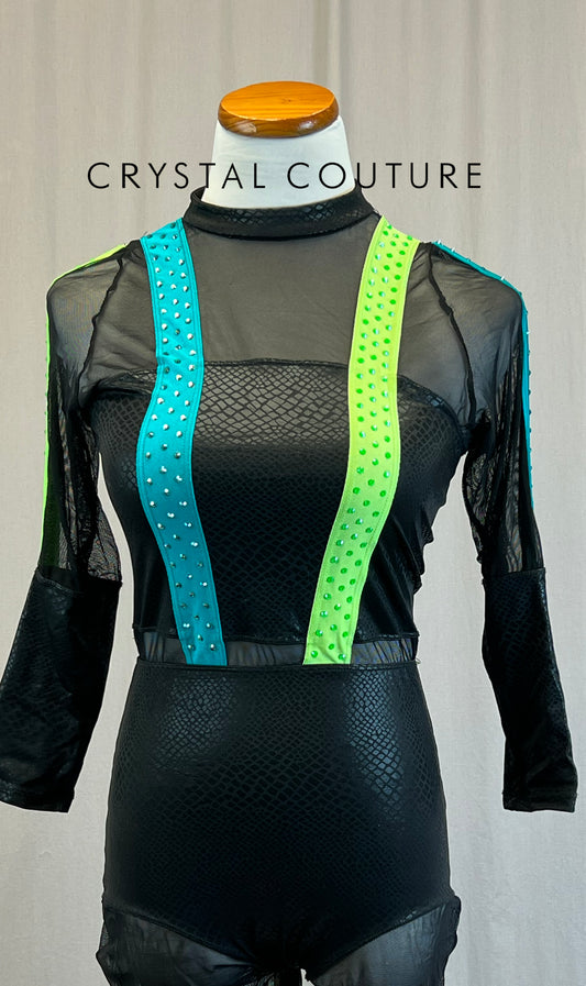 Black Snakeskin and Mesh Long Sleeve Unitard with Neon Accents -Rhinestones