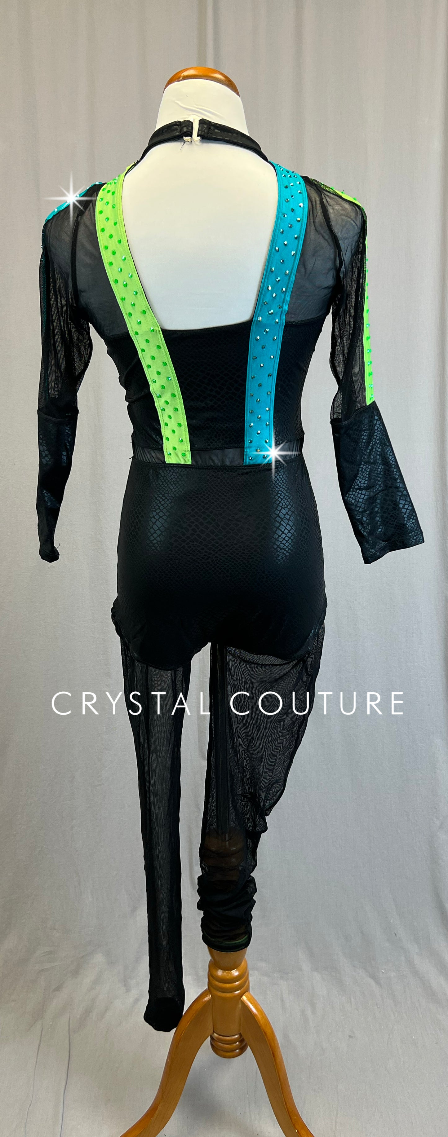 Black Snakeskin and Mesh Long Sleeve Unitard with Neon Accents -Rhinestones