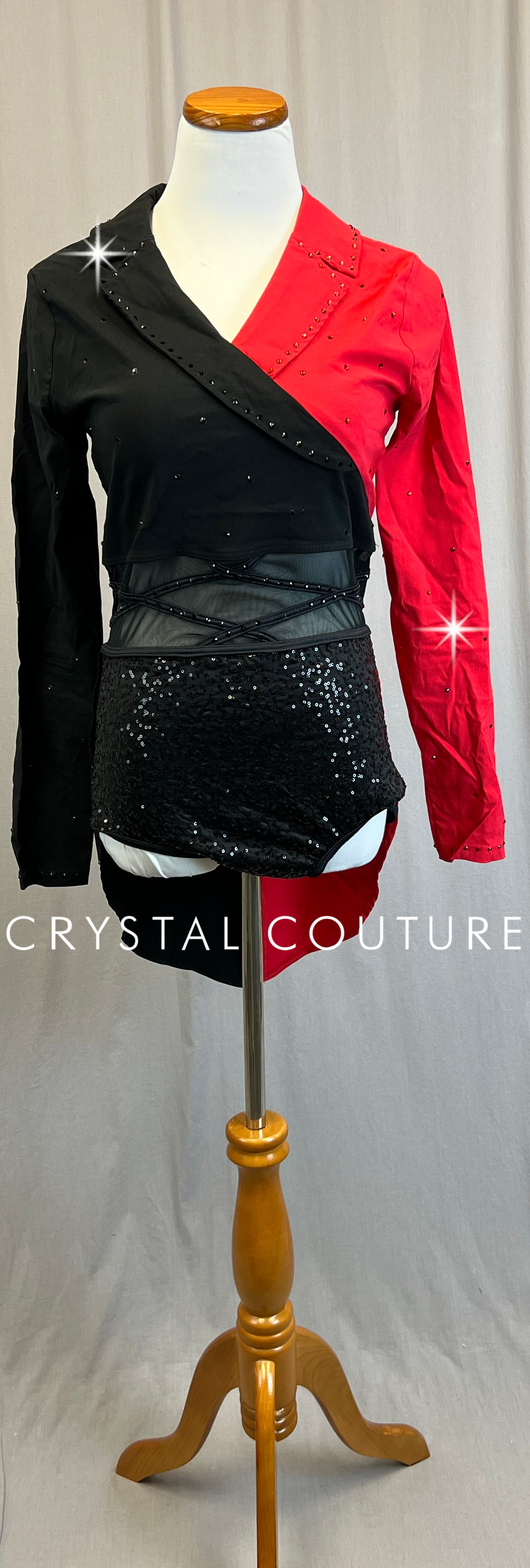 Black and Red Suitcoat Leotard with Mesh and Sequins-Rhinestones