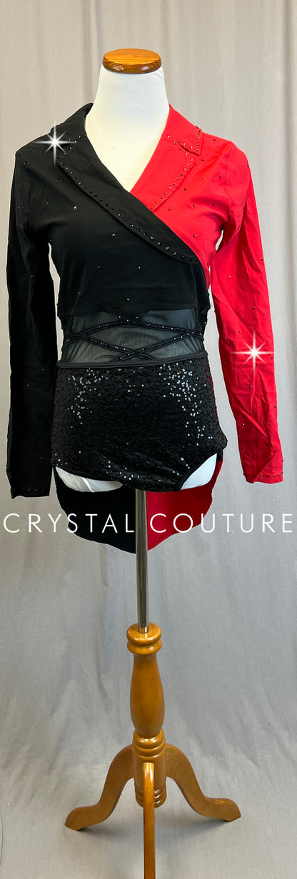 Black and Red Suitcoat Leotard with Mesh and Sequins-Rhinestones