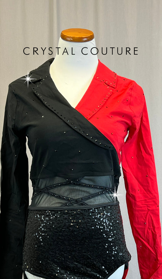 Black and Red Suitcoat Leotard with Mesh and Sequins-Rhinestones