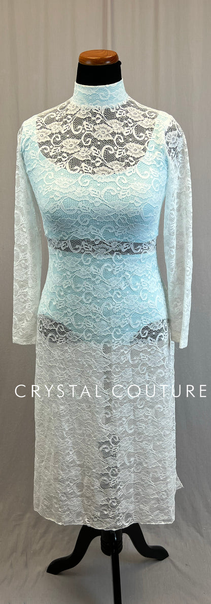 White Lace Long Sleeve Overlay Dress, with Blue Briefs and Top