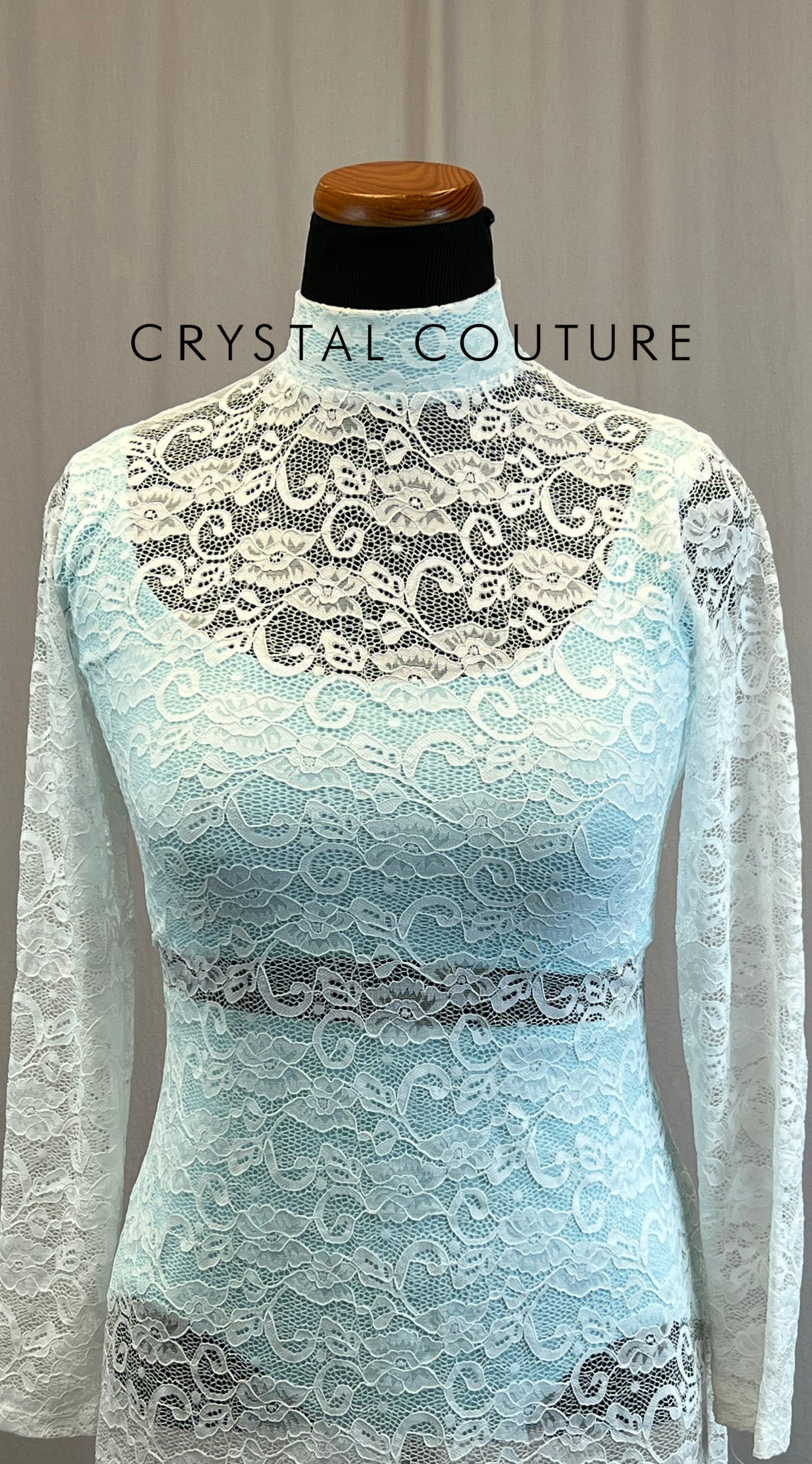 White Lace Long Sleeve Overlay Dress, with Blue Briefs and Top