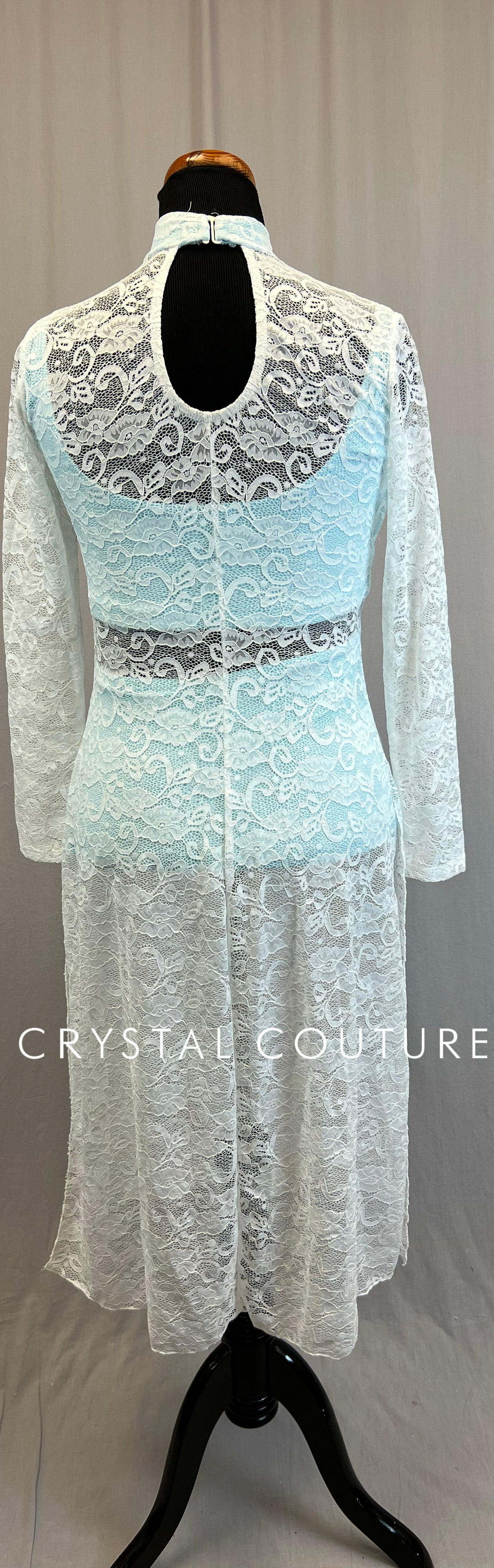 White Lace Long Sleeve Overlay Dress, with Blue Briefs and Top