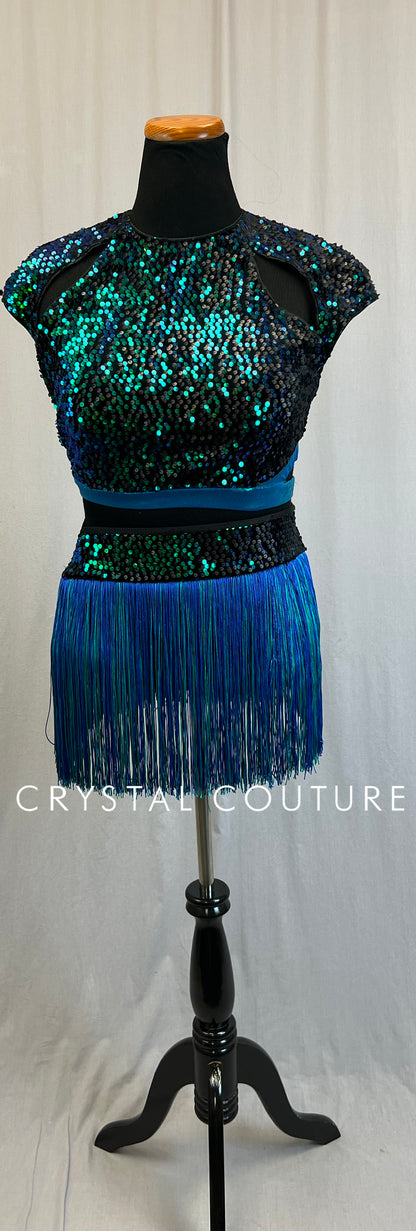 Metallic Teal and Black Sequin Crop Top and Fringe Skirt Set