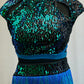 Metallic Teal and Black Sequin Crop Top and Fringe Skirt Set