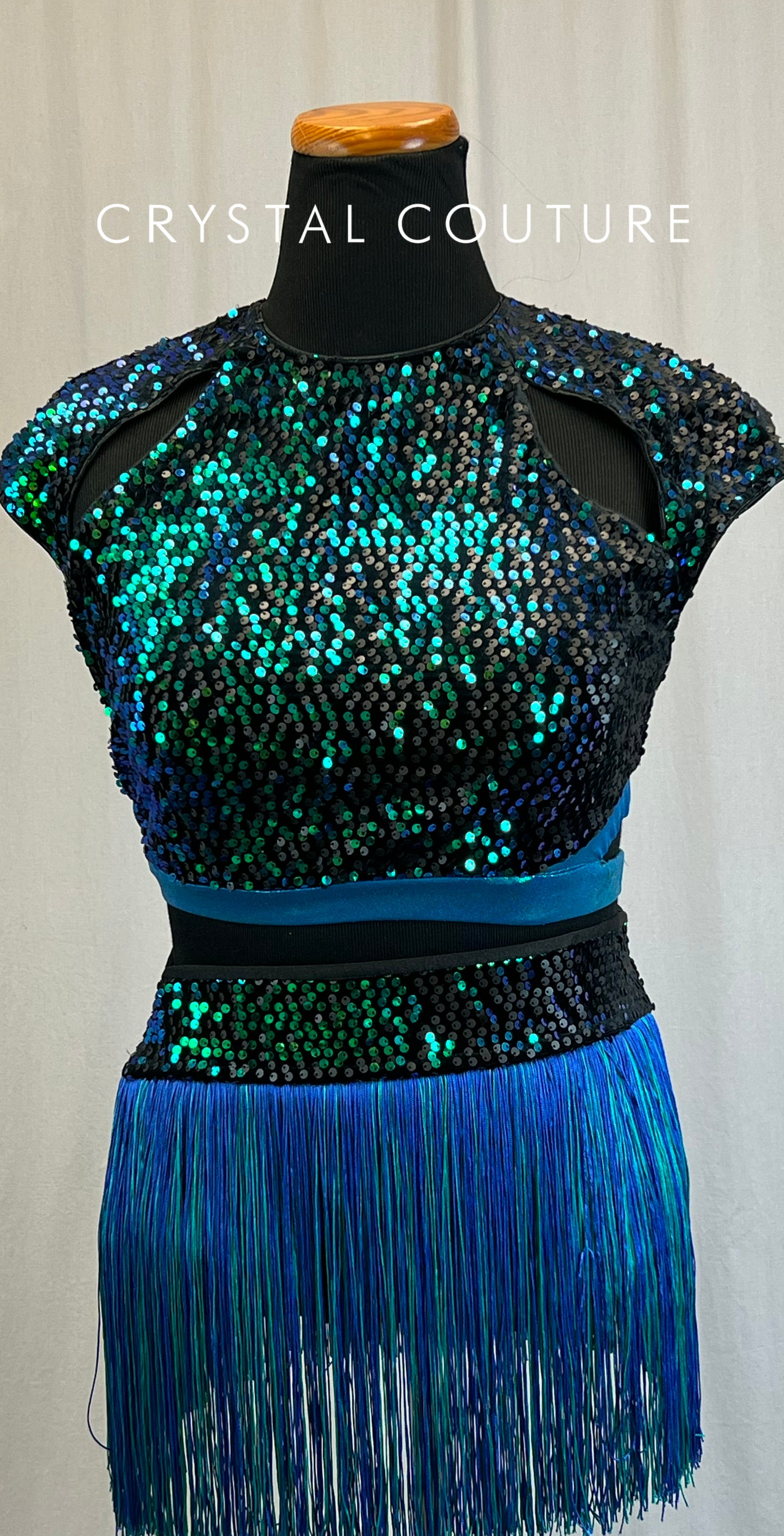 Metallic Teal and Black Sequin Crop Top and Fringe Skirt Set