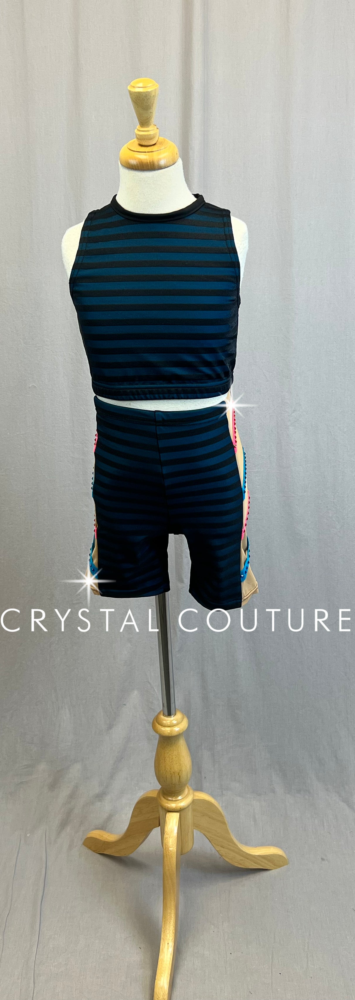 *Custom* Black and Blue Stripped Two-Piece Set -Rhinestones