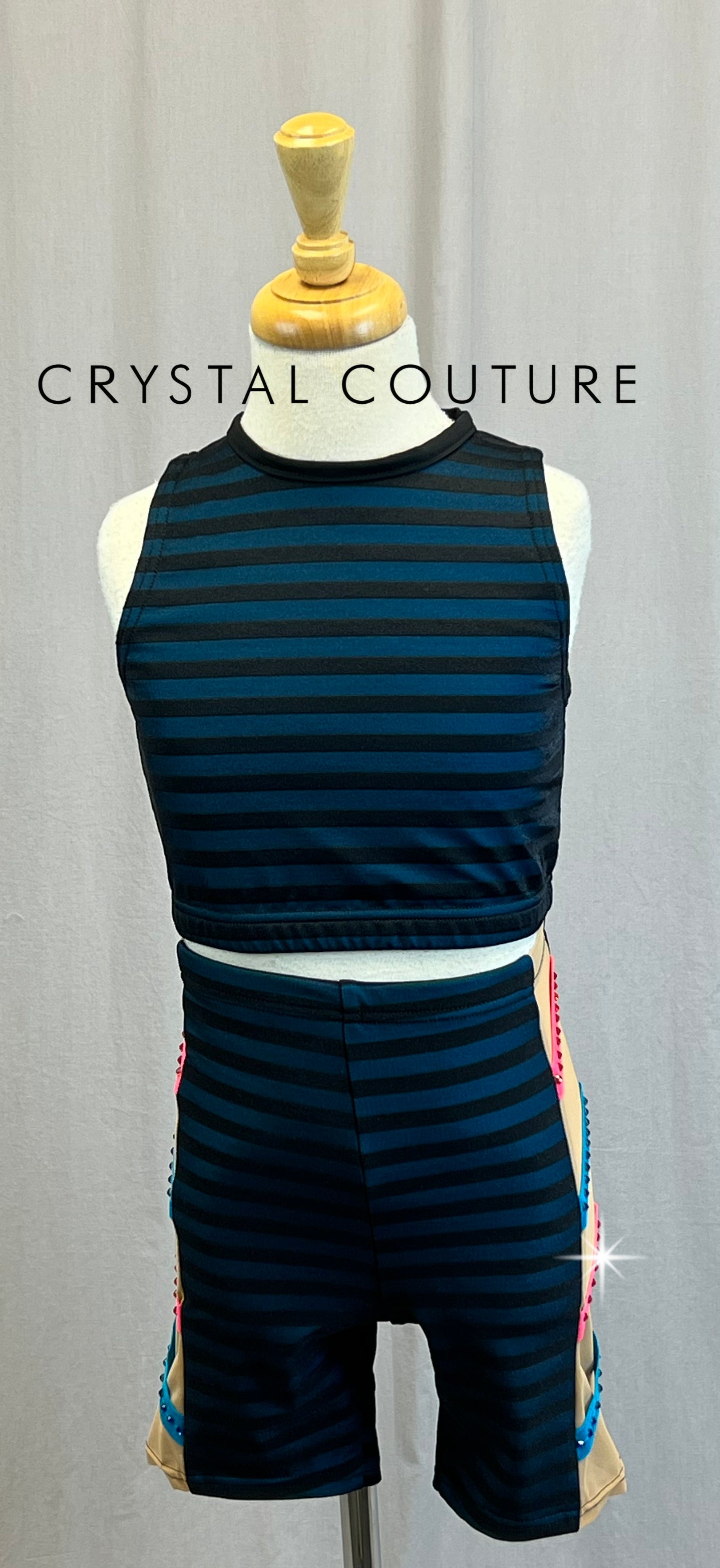 *Custom* Black and Blue Stripped Two-Piece Set -Rhinestones