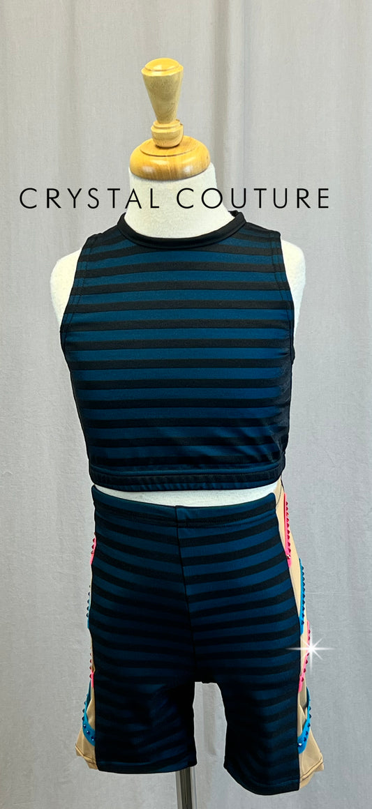 *Custom* Black and Blue Stripped Two-Piece Set -Rhinestones