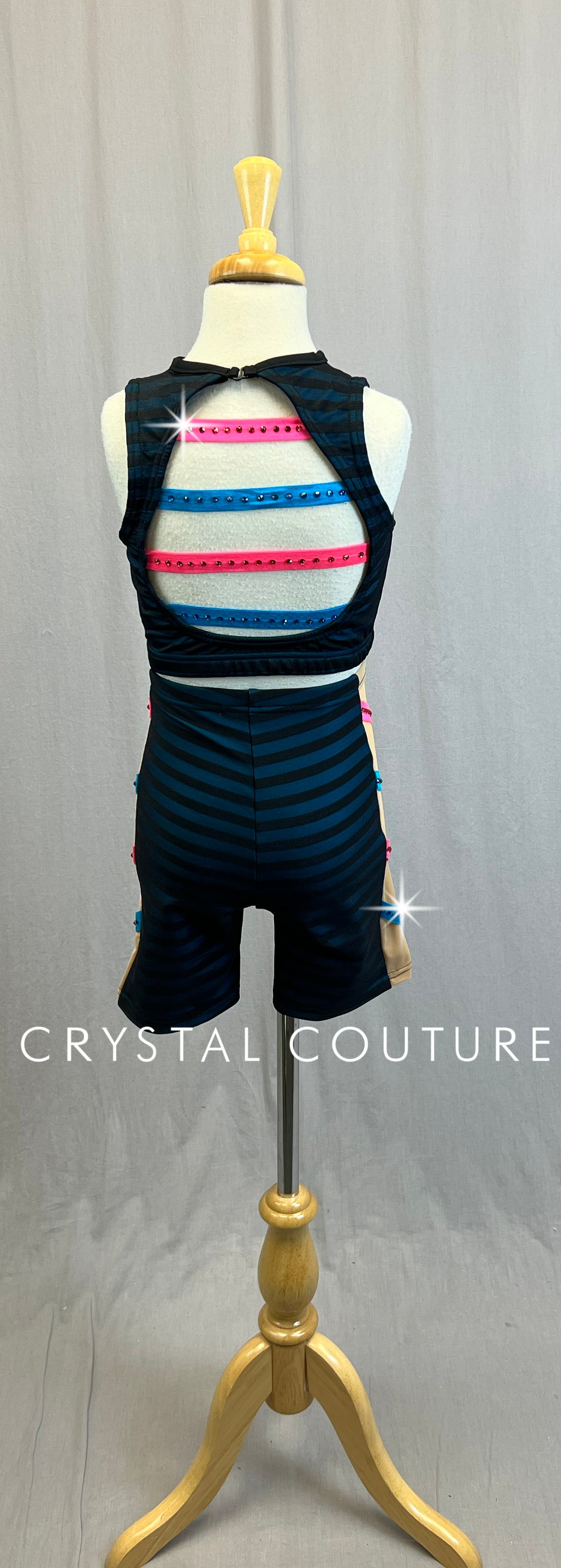 *Custom* Black and Blue Stripped Two-Piece Set -Rhinestones