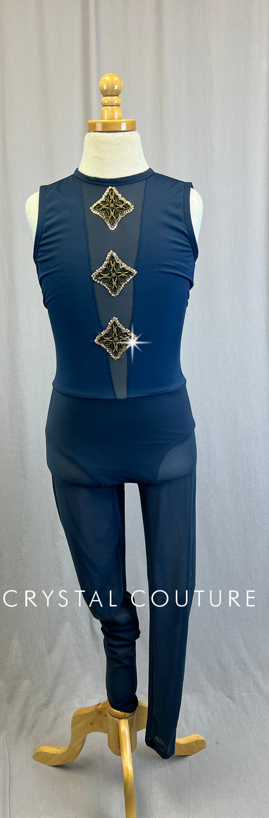 *Custom* Slate Blue Sleeveless Unitard with Black and Gold Appliques - Rhinestones