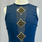 *Custom* Slate Blue Sleeveless Unitard with Black and Gold Appliques - Rhinestones