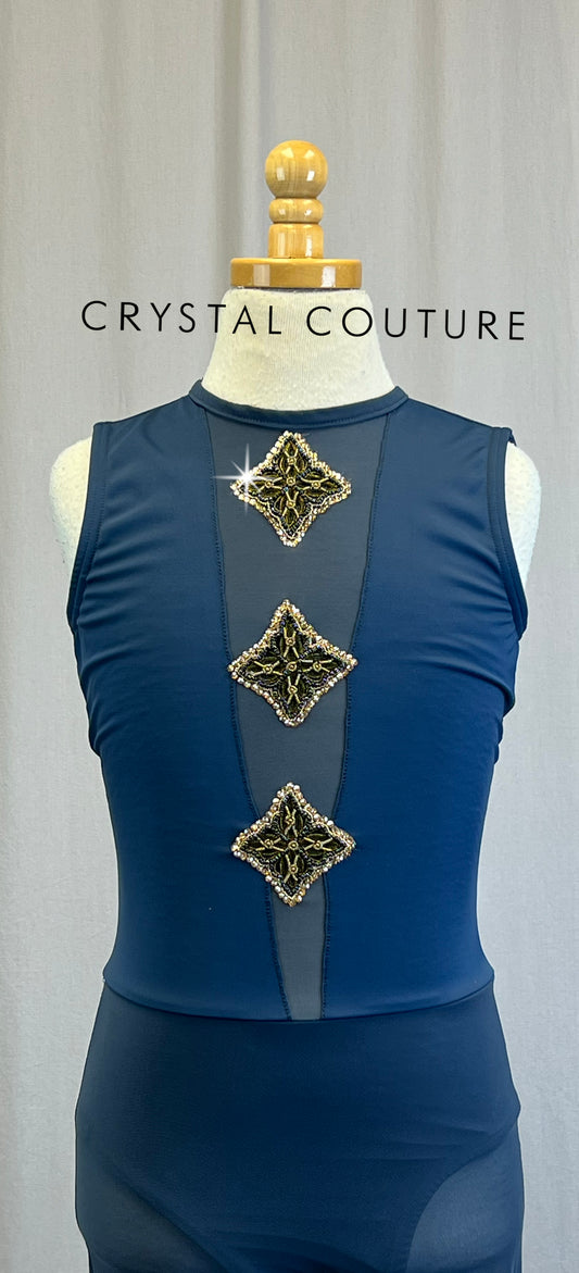 *Custom* Slate Blue Sleeveless Unitard with Black and Gold Appliques - Rhinestones