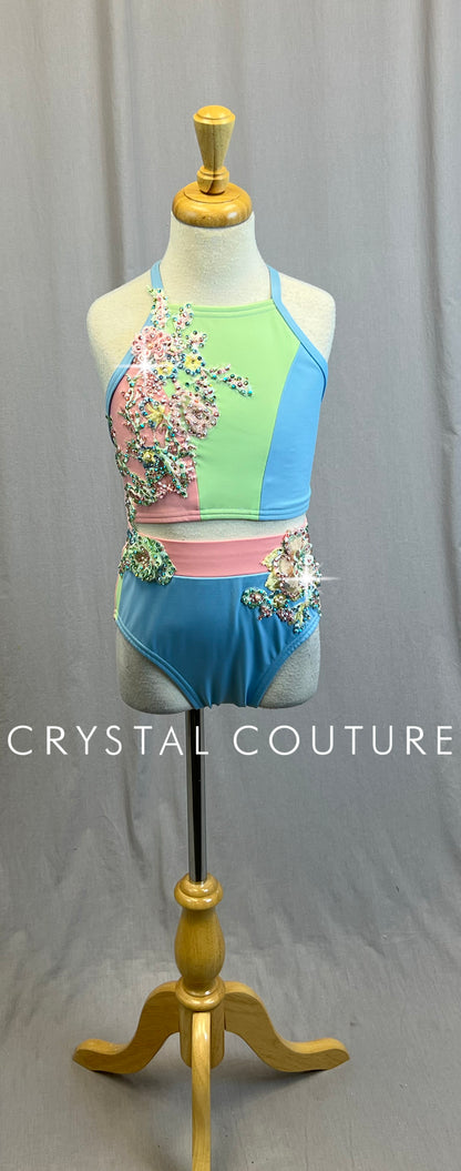 *Custom* Tri-Color Pastel Crop Top and Brief Set with Appliques - Rhinestones