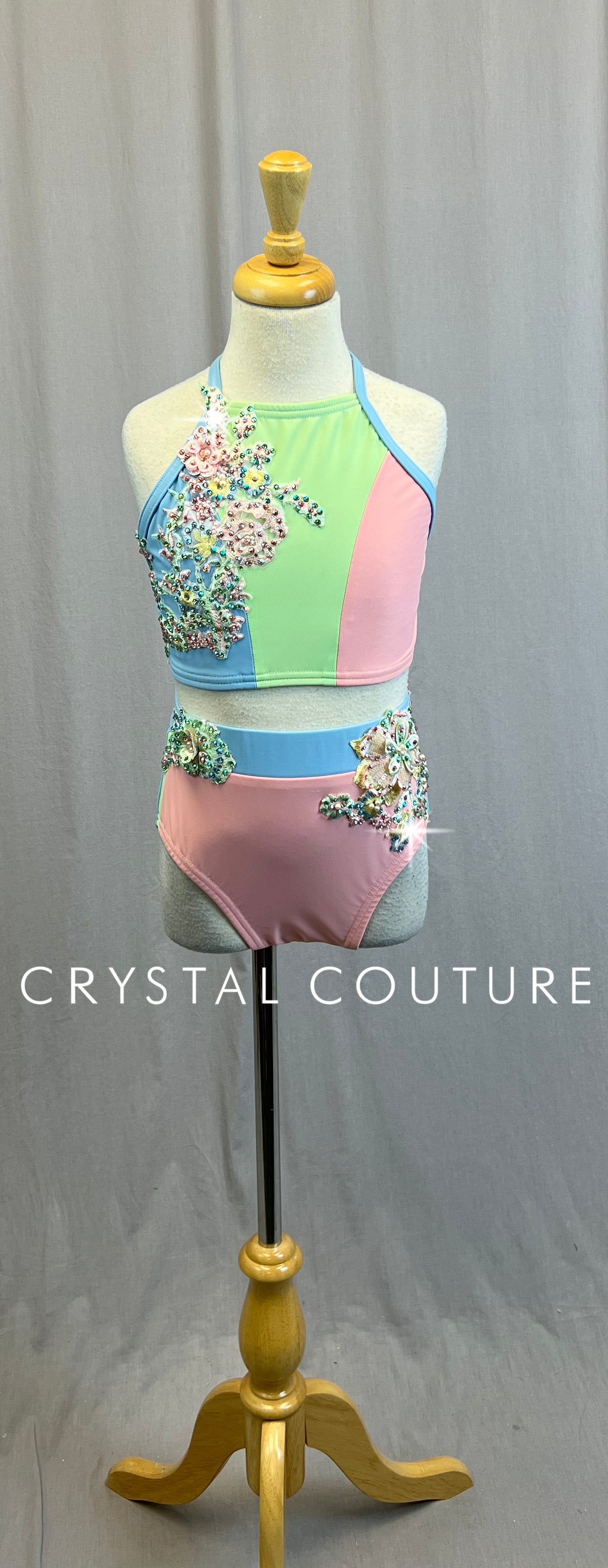 *Custom* Tri-Color Pastel Crop Top and Brief Set with Appliques - Rhinestones