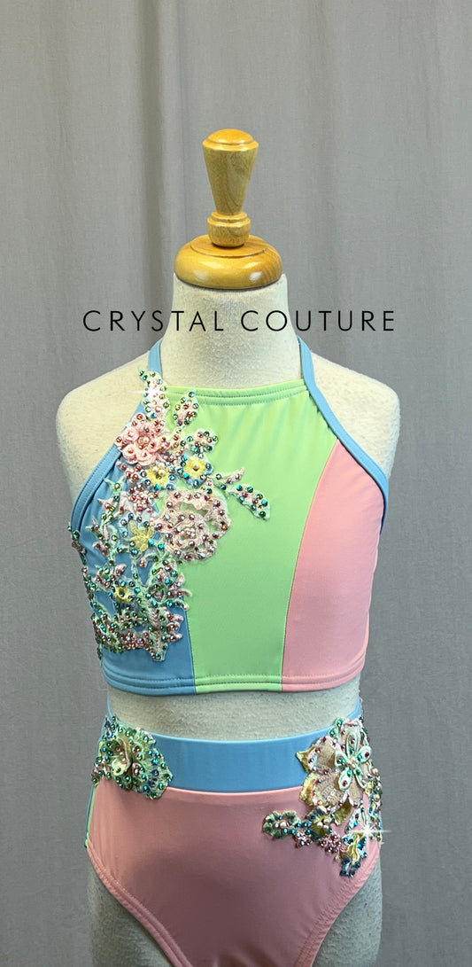 *Custom* Tri-Color Pastel Crop Top and Brief Set with Appliques - Rhinestones
