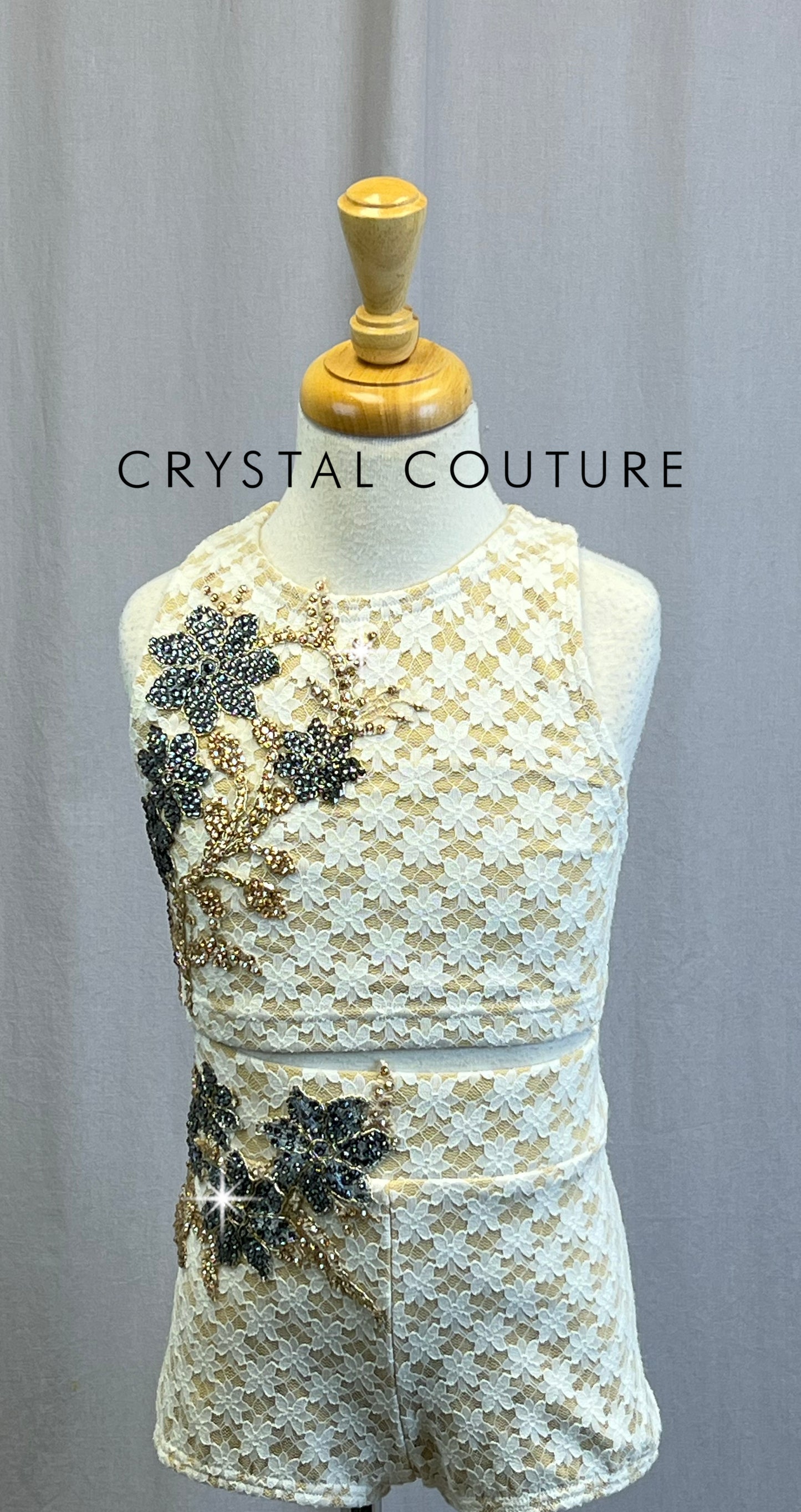 *Custom* White Lace over Tan Lycra Crop Top and Short Two-Piece Set with Appliques-Rhinestones