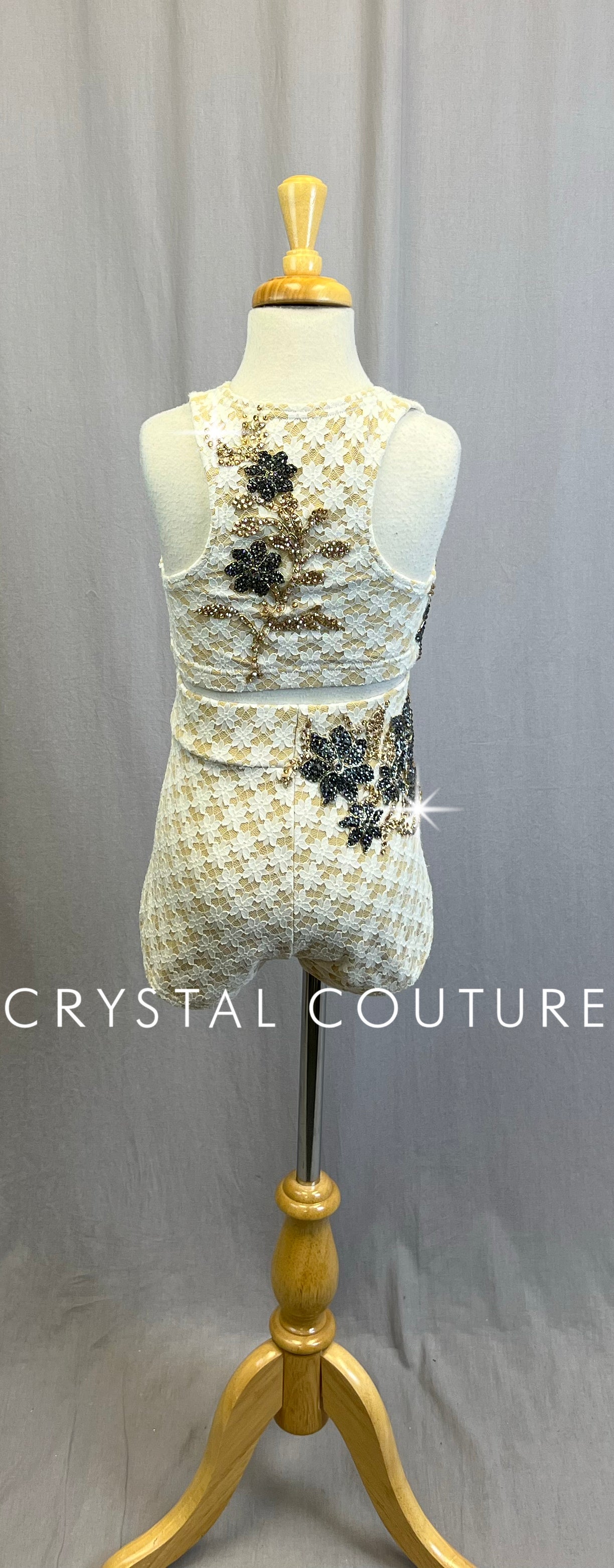 *Custom* White Lace over Tan Lycra Crop Top and Short Two-Piece Set with Appliques-Rhinestones