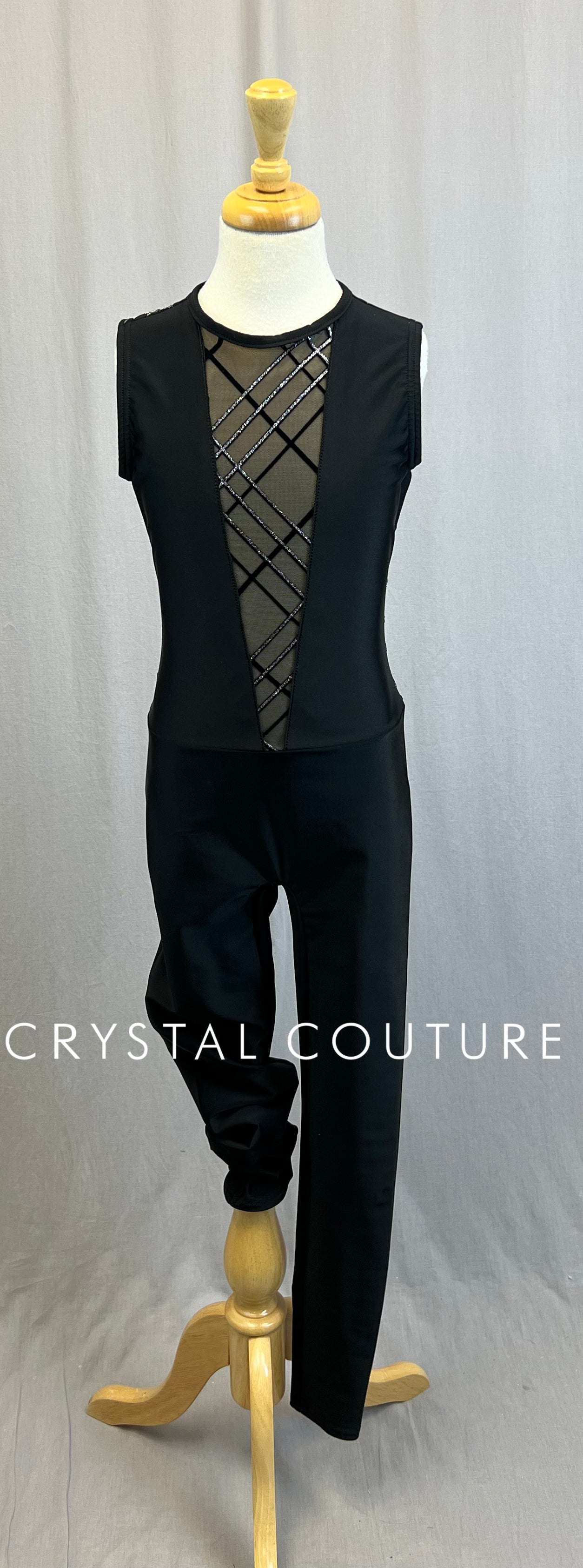 *Custom* Black Sleeveless Legging Unitard with Mesh and Silver Accents