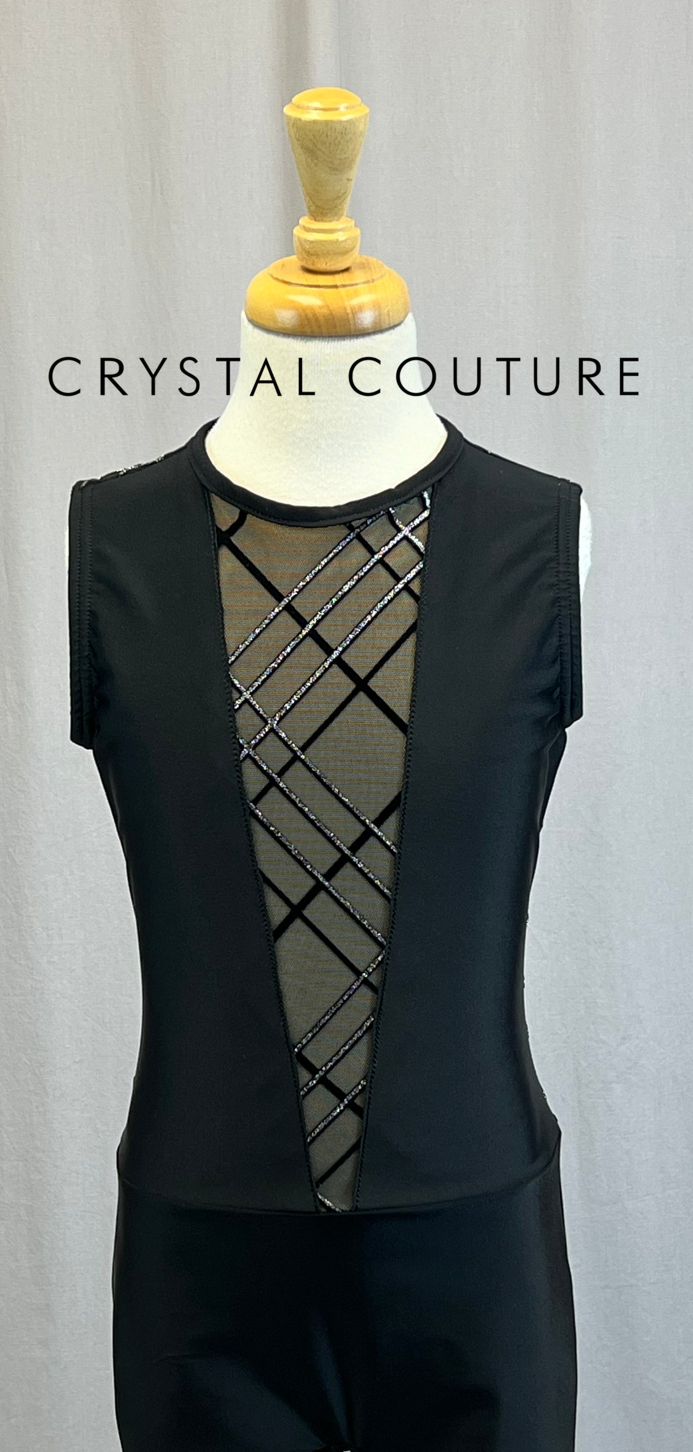 *Custom* Black Sleeveless Legging Unitard with Mesh and Silver Accents
