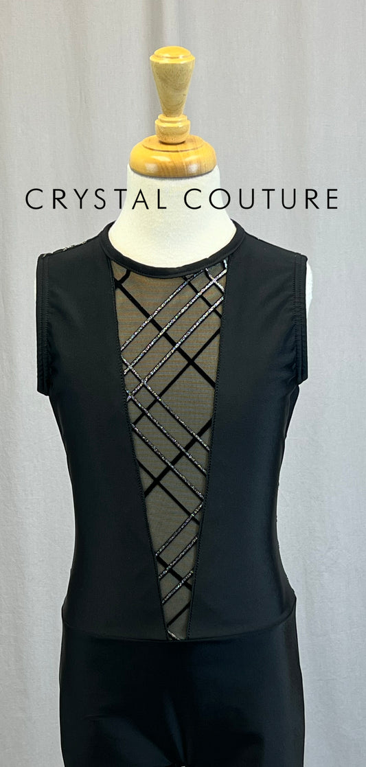 *Custom* Black Sleeveless Legging Unitard with Mesh and Silver Accents