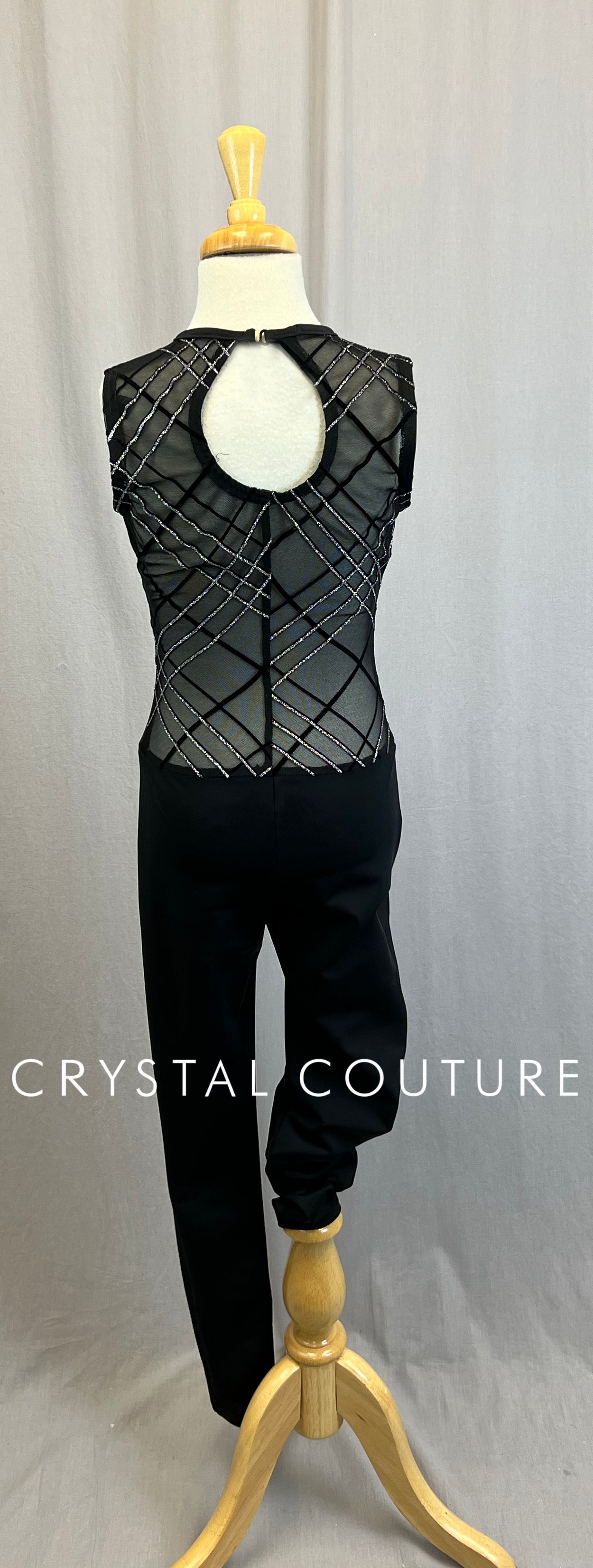 *Custom* Black Sleeveless Legging Unitard with Mesh and Silver Accents