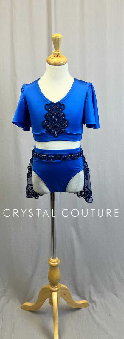 *Custom* Royal Blue Lycra Two-Piece Set with a Flutter Sleeve Top and an Embroidered Half-Skirt