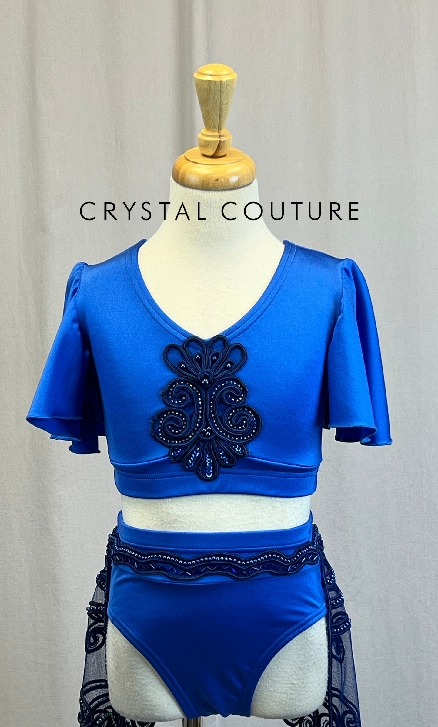 *Custom* Royal Blue Lycra Two-Piece Set with a Flutter Sleeve Top and an Embroidered Half-Skirt