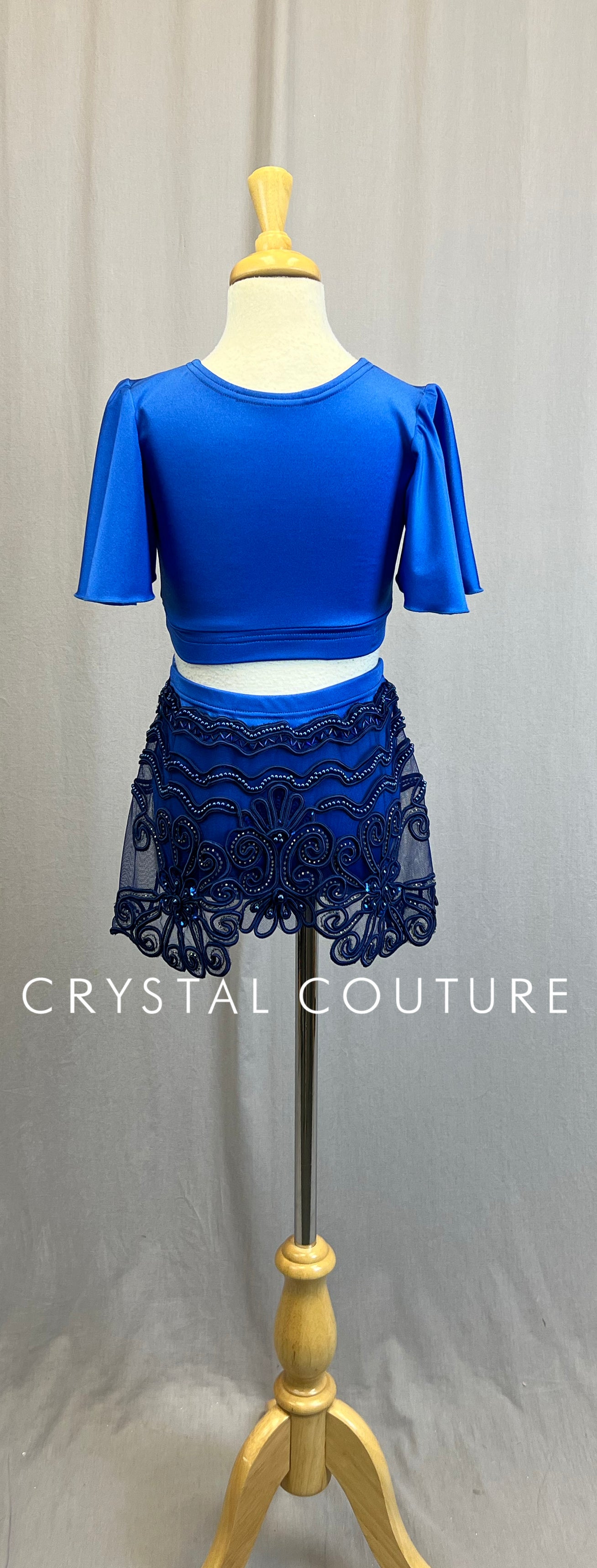 *Custom* Royal Blue Lycra Two-Piece Set with a Flutter Sleeve Top and an Embroidered Half-Skirt