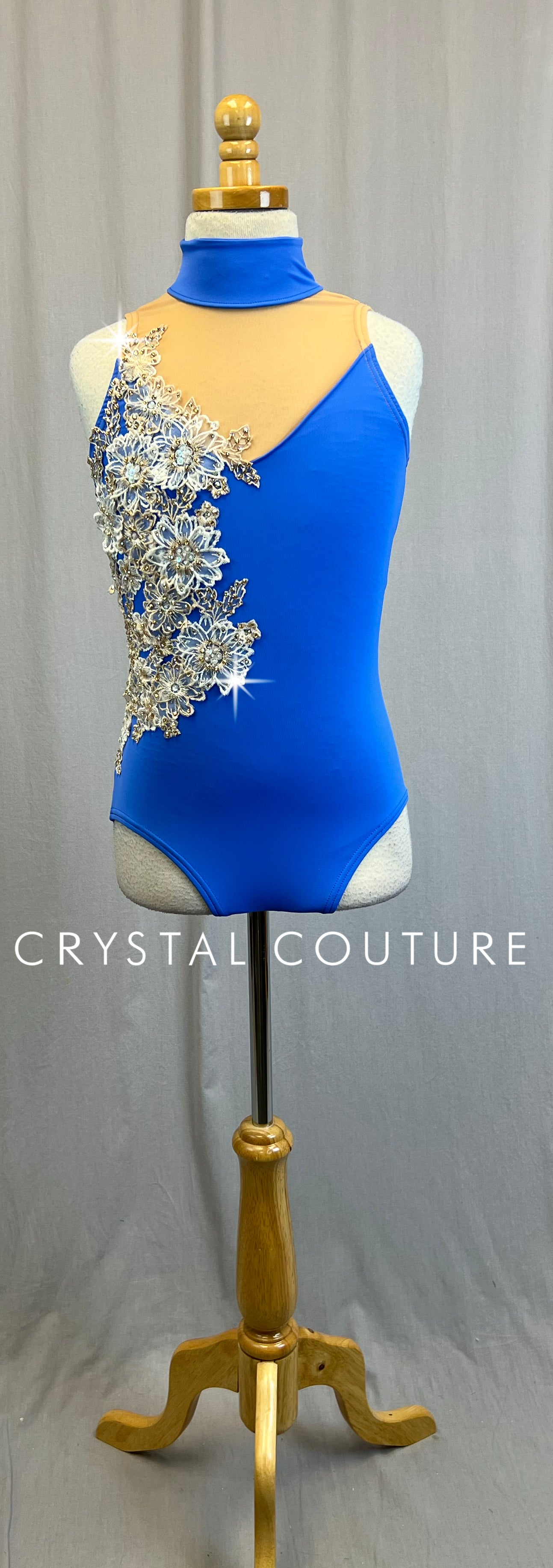 *Custom* Periwinkle Blue Leotard with Off-White Appliques-Rhinestones