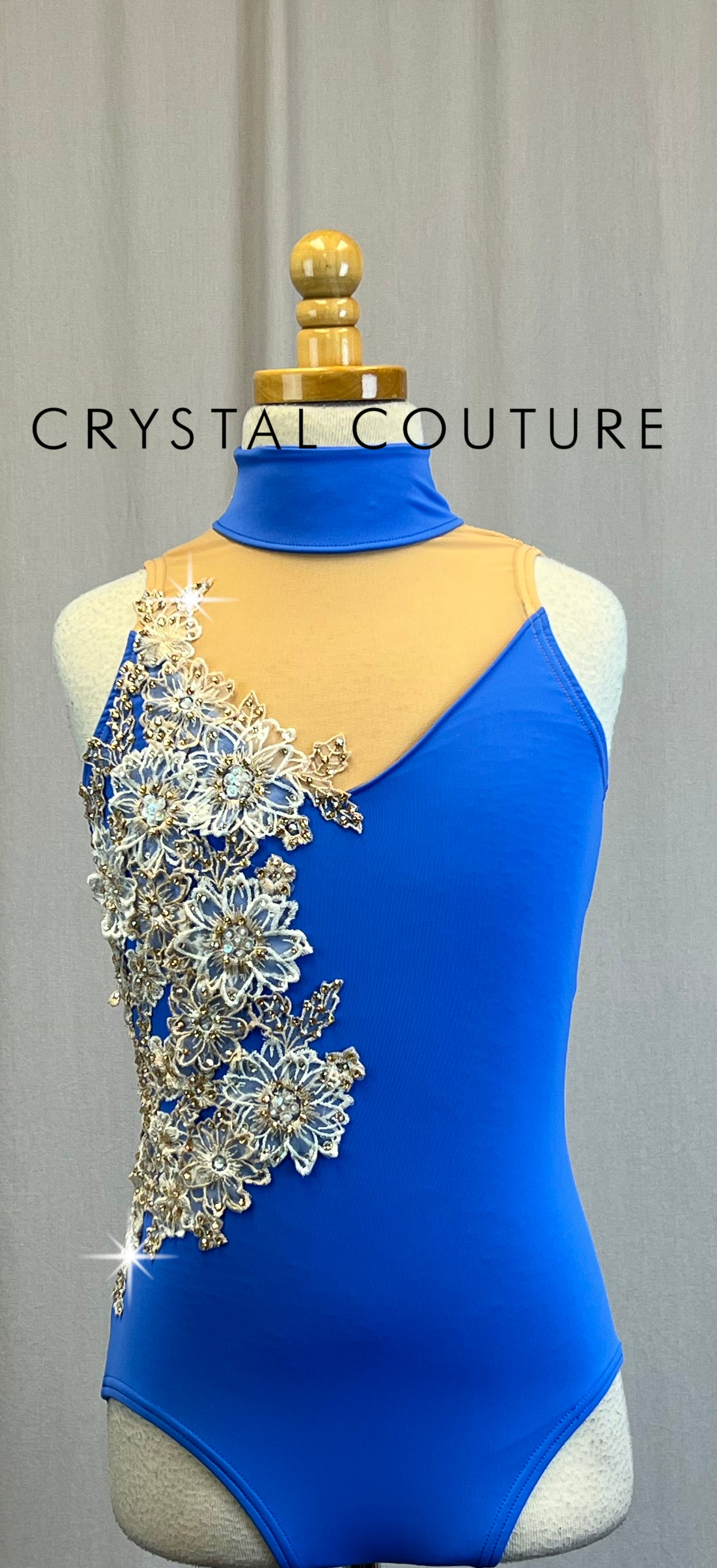 *Custom* Periwinkle Blue Leotard with Off-White Appliques-Rhinestones