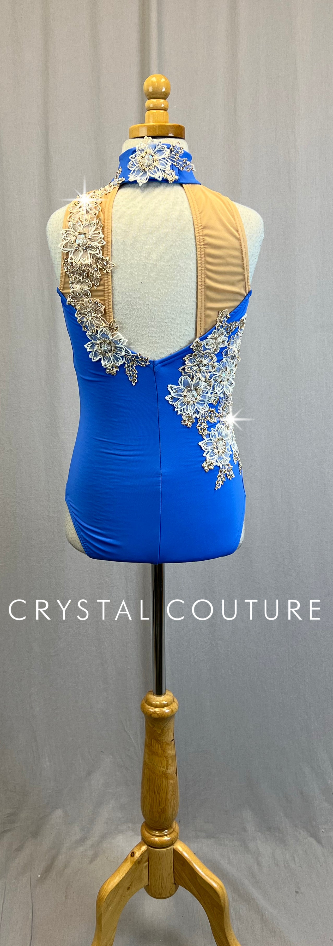 *Custom* Periwinkle Blue Leotard with Off-White Appliques-Rhinestones