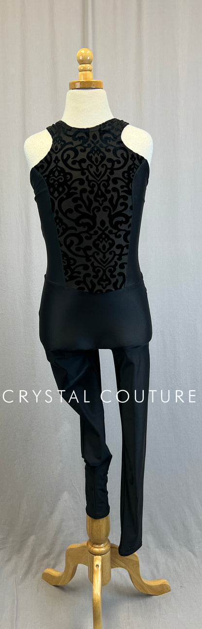 *Custom* Black Lycra and Ornate Velvet Unitard with Red Accents