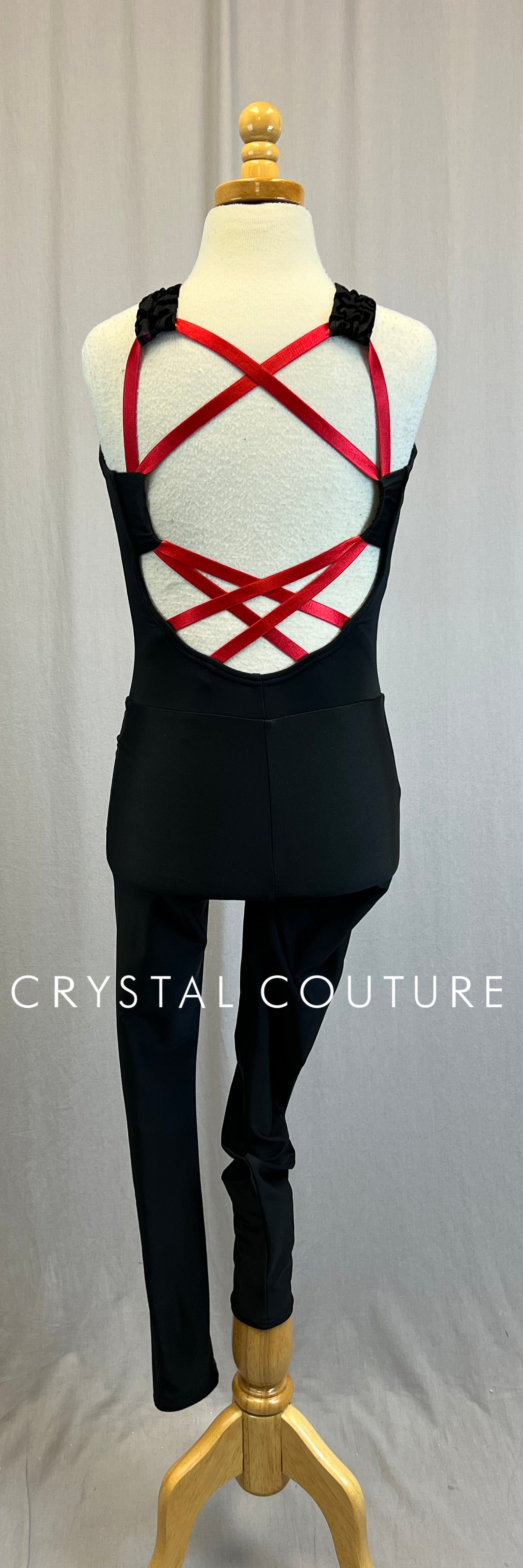 *Custom* Black Lycra and Ornate Velvet Unitard with Red Accents