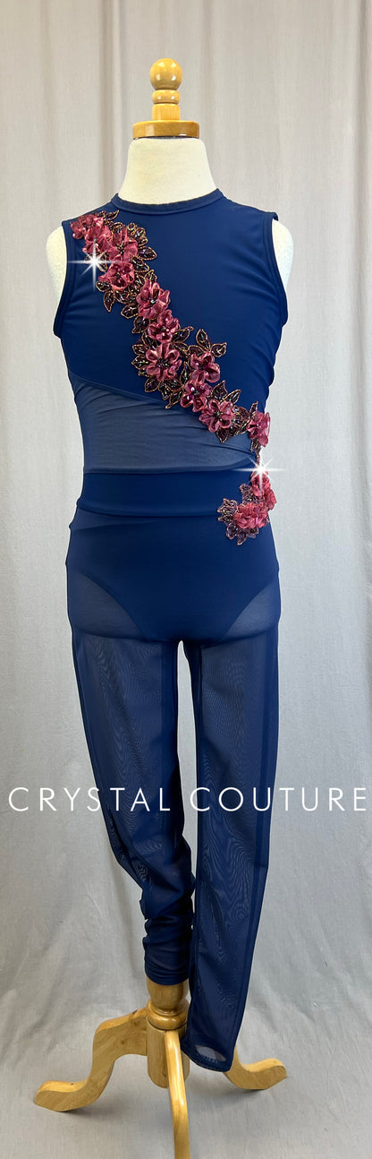 *Custom* Navy Mesh Unitard with Pink Appliques