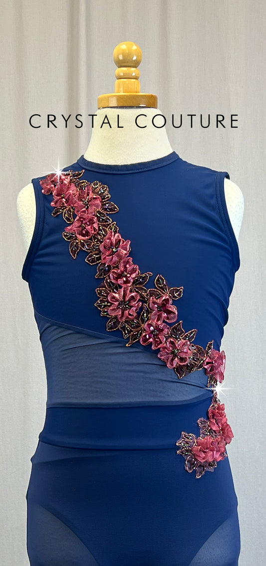*Custom* Navy Mesh Unitard with Pink Appliques