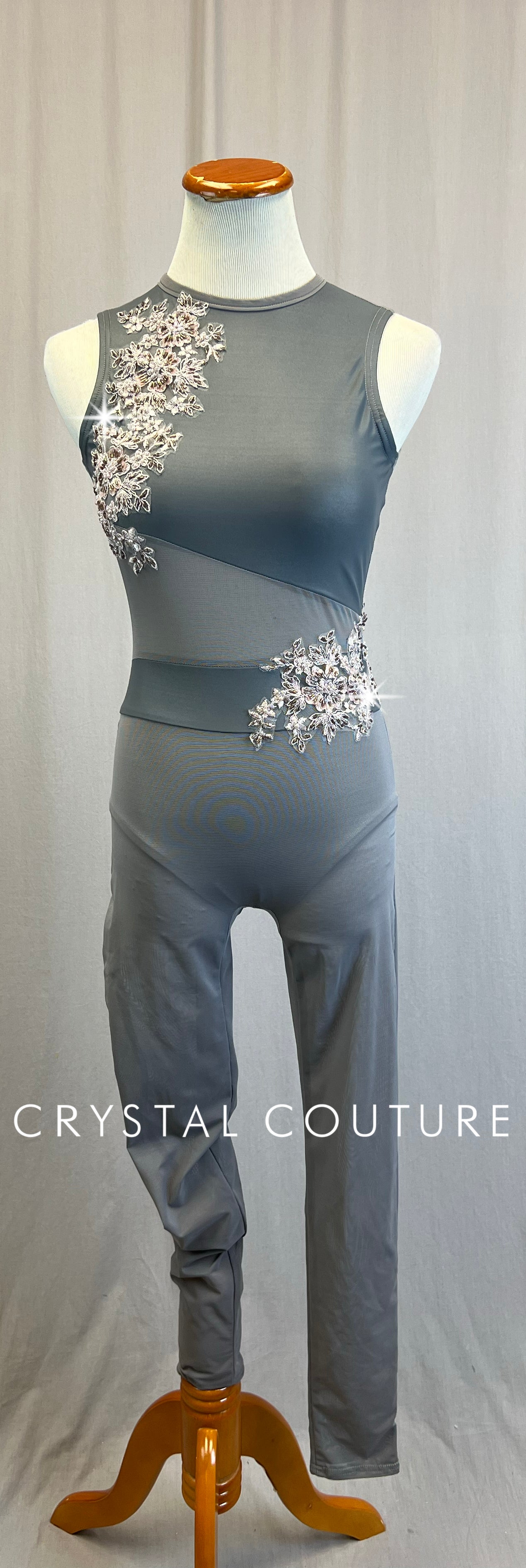 *Custom* Gray Mesh and Lycra Sleeveless Unitard with Beaded Appliques